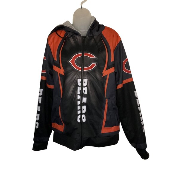 Chicago Bears Hooded Zip-Up Jacket Mens M Warm Fleece Lining Black/Orange Sports - Picture 1 of 11